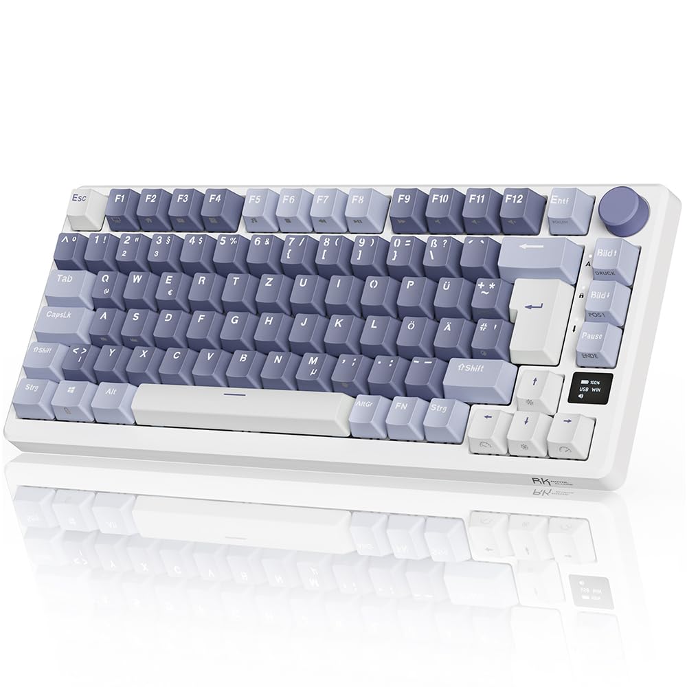 RK ROYAL KLUDGE M75 Gaming Tastatur kabellos 75% TKL Mechanische Tastatur RGB 2,4 GHz Wireless/Bluetooth/USB-C QWERTZ mit OLED-Smart-Display und Knopf Hot Swappable Roter Schalter, Lavendelviolett