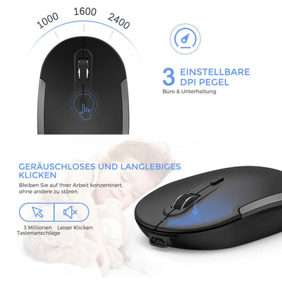 seenda Funktastatur mit Maus, Wiederaufladbare Tastatur Maus Set kabellos für Computer/Laptop, leise klick, Fullsize & QWERTZ Layout(Schwarz & Grau)