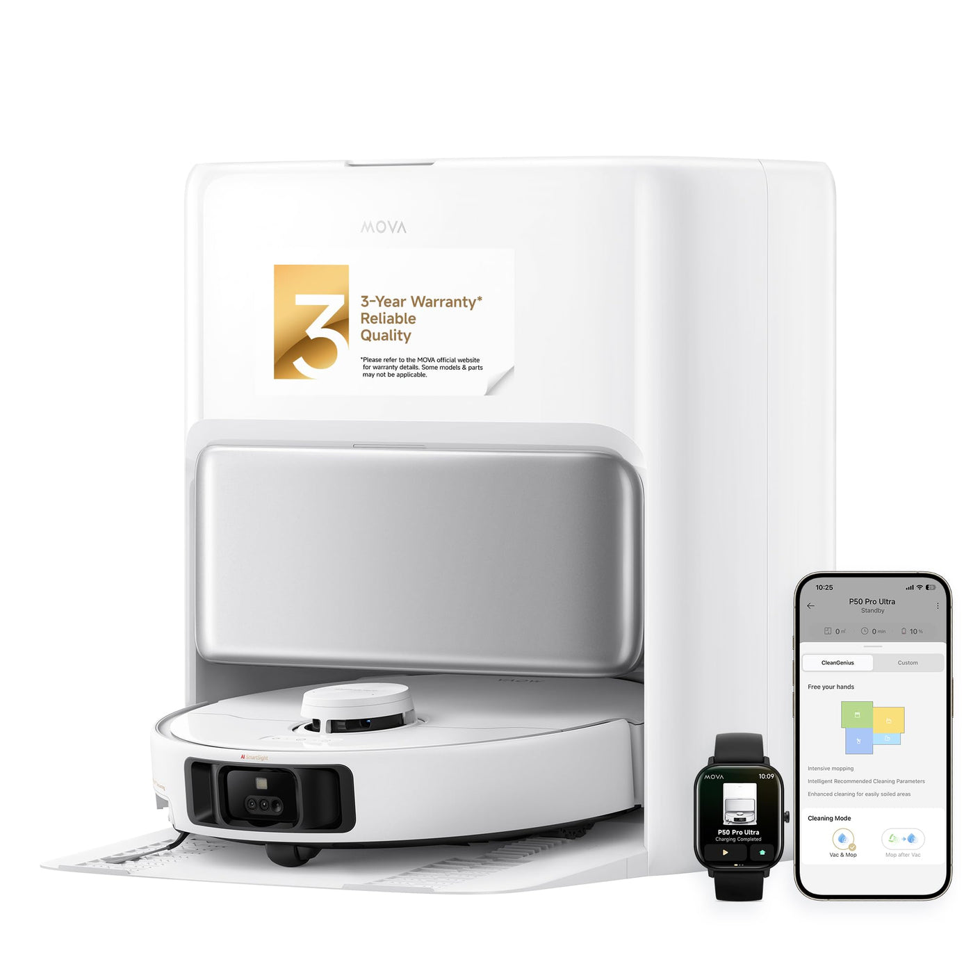 Mova P50 Pro Ultra Saugroboter mit Wischfunktion, 19.000 Pa Saugkraft, 75 ℃ Heißwasser-Moppwäsche, automatische Reinigung, automatische Entleerung, automatische Nachfüllung, Hindernisvermeidung