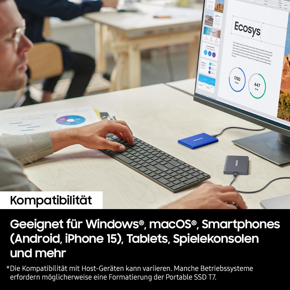 Samsung Portable SSD T7, 2 TB, USB 3.2 Gen.2, 1.050 MB/s Lesen, 1.000 MB/s Schreiben, Externe SSD Festplatte für Mac, PC, Smartphone und Spielkonsole, Blau, MU-PC2T0H/WW
