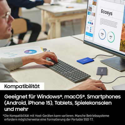 Samsung Portable SSD T7, SSD 4 TB, USB 3.2 Gen.2, 1.050 MB/s Lesen, 1.000 MB/s Schreiben, Externe SSD-Festplatte für iPhone, Mac, PC, Smartphone und Spielkonsole, Grau, MU-PC4T0T/WW