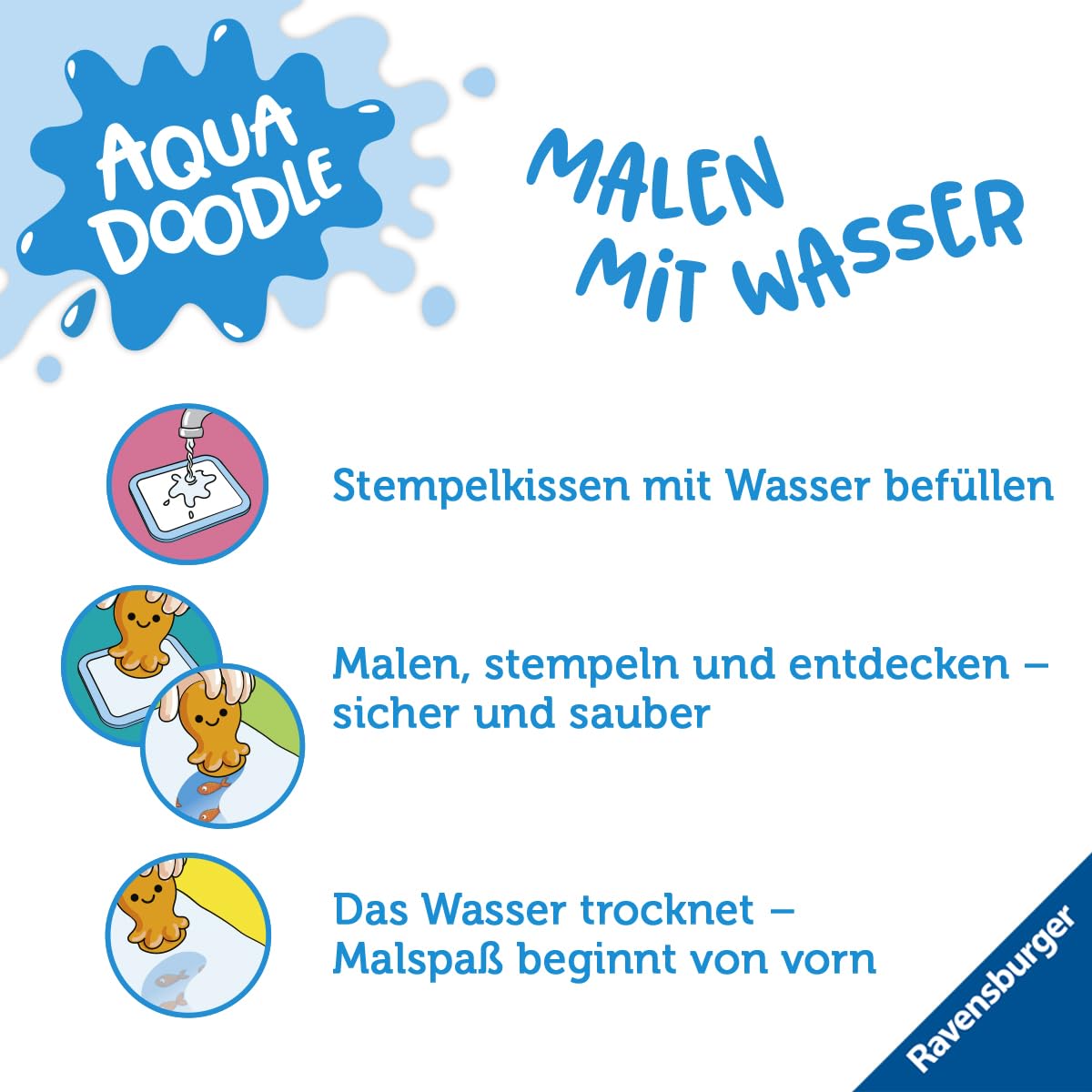Ravensburger 4568 Aquadoodle Magic Ocean - Fleckenfreies Stempeln und Entdecken mit Wasser - Stempelset mit magischer Stoffmatte für Babys ab 1 Jahr - Spielzeug ab 1 Jahr