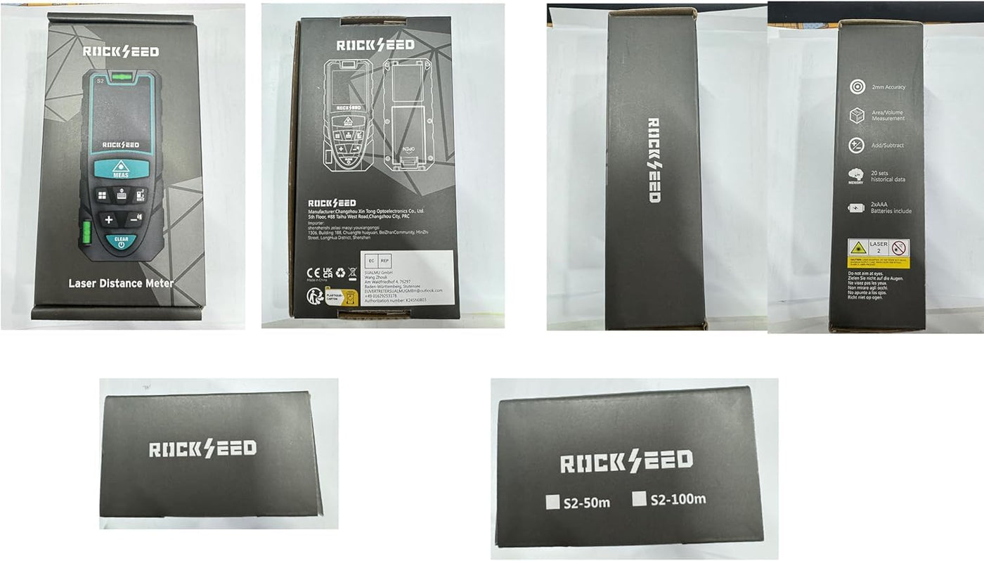 Laser-Entferungsmesser 100M,RockSeed Digitaler Lasermessgerät mit 2 Blasenebenen,Tragbarer Lasermessgerät M/In/Ft Einheit Hintergrundbeleuchtetes LCD zur Messung Entfernung/Fläche/Volumen/Pythagorean