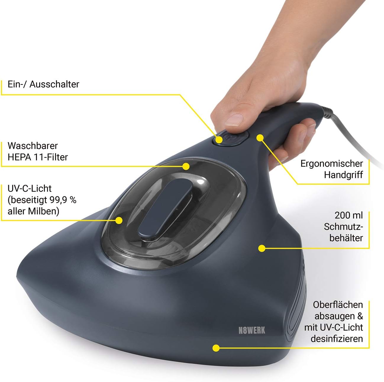 N8WERK Milbensauger in der Nordic Night Edition | Matratzenreiniger mit starker Saugkraft | Sterilisiert Oberflächen mit UV-C Licht | Vernichtet bis zu 99,9% Aller Milben