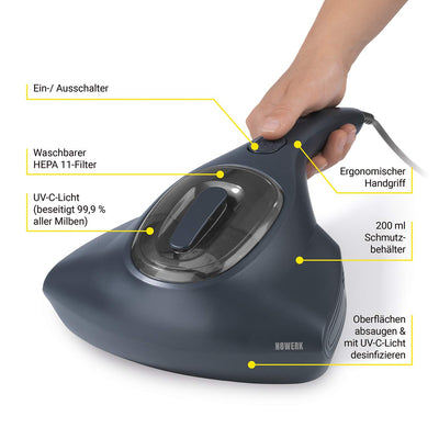 N8WERK Milbensauger in der Nordic Night Edition | Matratzenreiniger mit starker Saugkraft | Sterilisiert Oberflächen mit UV-C Licht | Vernichtet bis zu 99,9% Aller Milben