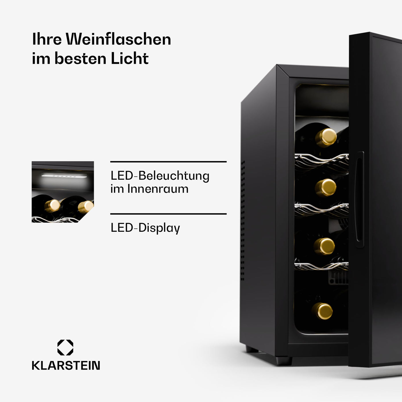 Klarstein Freistehender Weinkühlschrank, 1 Zonen Getränkekühlschrank Klein, Kleiner Weinschrank, Wein-Kühlschrank mit Glastür, Leiser Flaschenkühlschrank für Wein & Bier, 5-22°C, 16 Flaschen