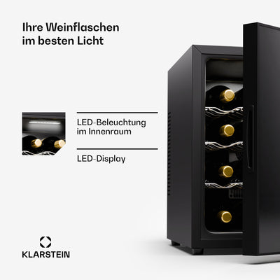 Klarstein Freistehender Weinkühlschrank, 1 Zonen Getränkekühlschrank Klein, Kleiner Weinschrank, Wein-Kühlschrank mit Glastür, Leiser Flaschenkühlschrank für Wein & Bier, 5-22°C, 16 Flaschen