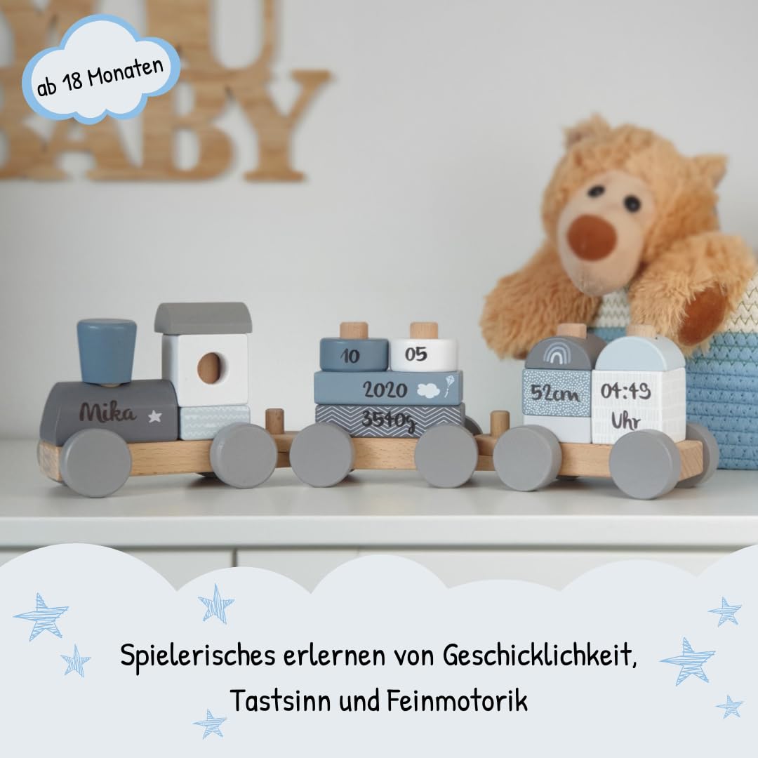 Mainely Personalisierbare Holz-Eisenbahn zur Taufe Blau 41×5×11 cm – Erinnerungs-Deko & Holzzug – für Babys & Kleinkinder – mit Namen personalisiert – Label Label