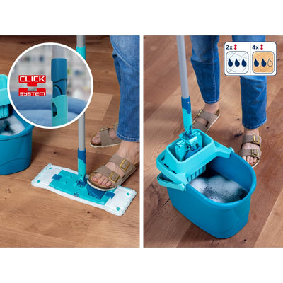 Leifheit Set POWER CLEAN, Wischer für Alle, rückenschonender Bodenwischer mit Reinigungsklingen, Wischtuchpresse zum Auswringen, Wischmopp Set mit Eimer,Wischmopp für alle Hartböden mit Click-System