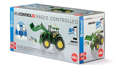 siku 6795, John Deere 7310R Traktor mit Frontlader, Grün, Metall/Kunststoff, 1:32, Ferngesteuert, Inkl. Bluetooth-Fernsteuerung und Zubehör, Steuerung via App oder Gaming Controller möglich