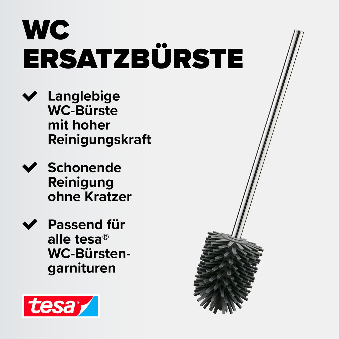 tesa Silikon-WC-Bürste - hygienische Ersatz-Toilettenbürste zur Verwendung in Allen tesa WC-Bürstengarnituren - Griff aus verchromtem Metall - Dunkelgrau - 37,4 x 7,1 x 7,4 cm