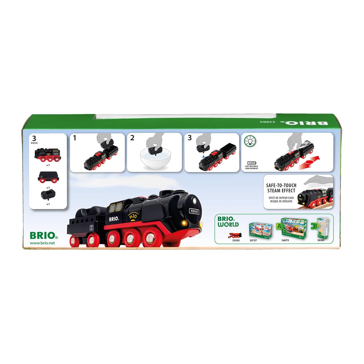 BRIO World 33884 Batterie-Dampflok mit Wassertank - Lokomotive mit echtem kühlen Dampf und Wasserbehälter zum Nachfüllen - Empfohlen ab 3 Jahren