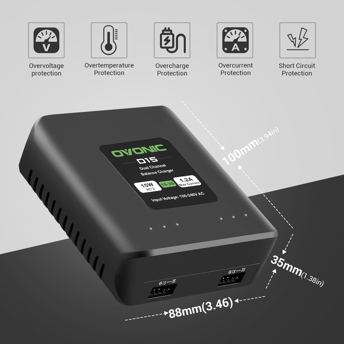 OVONIC D15 Lipo Akku Ladegerät Dual Channel Ladegerät 1.2A 15W für 1S-3S LiPo Life LiHv Akku Ladegerät