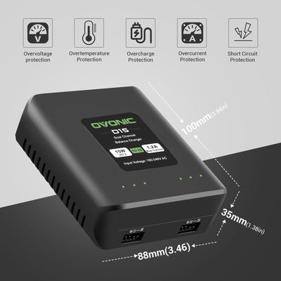 OVONIC D15 Lipo Akku Ladegerät Dual Channel Ladegerät 1.2A 15W für 1S-3S LiPo Life LiHv Akku Ladegerät