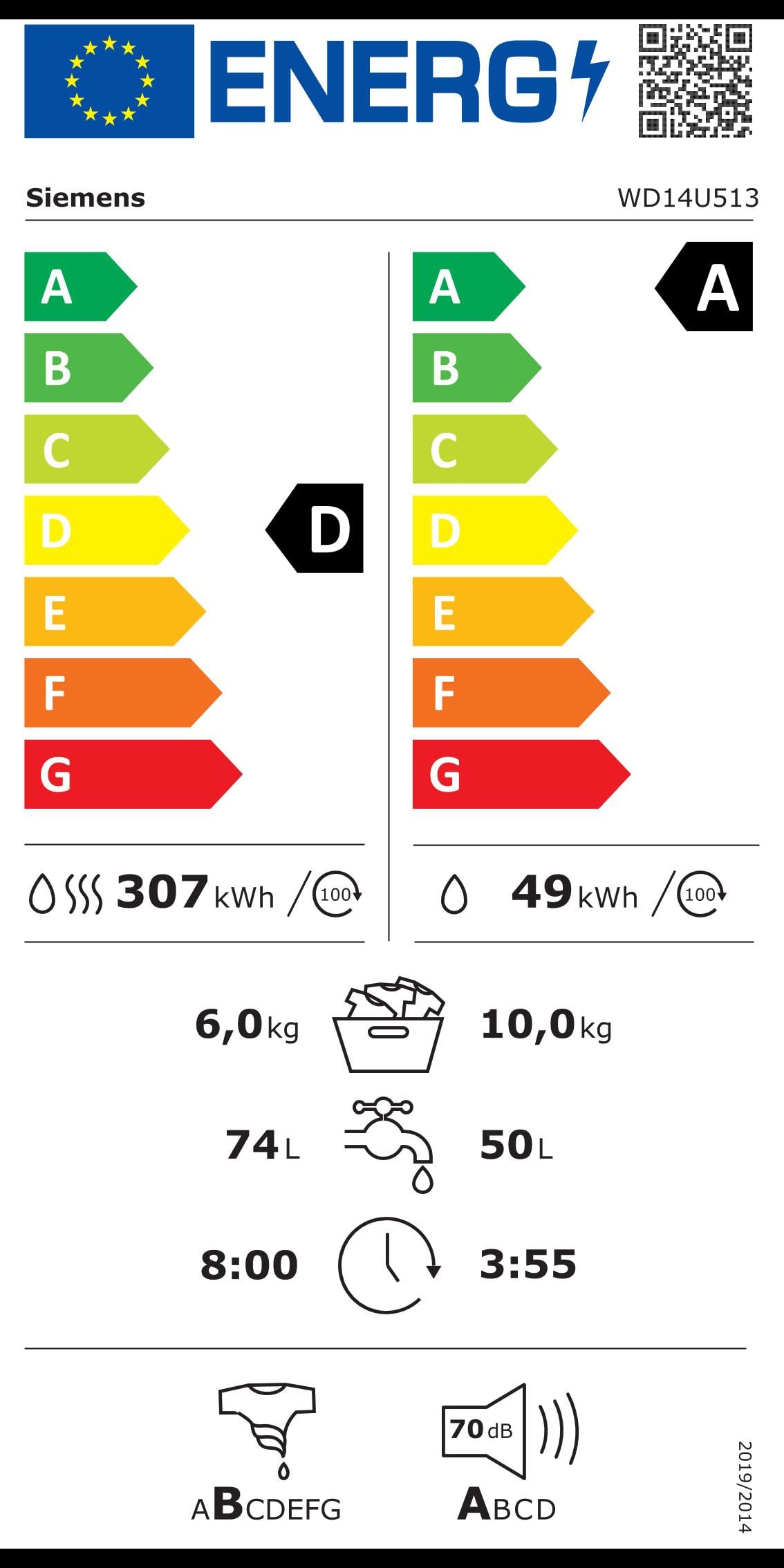 Siemens WD14U513 Waschtrockner iQ700, Frontlader mit 10-6kg Fassungsvermögen, 1400 UpM, HomeConnect, smartFinish, autoDry, speedPack XL, Weiß, 60cm