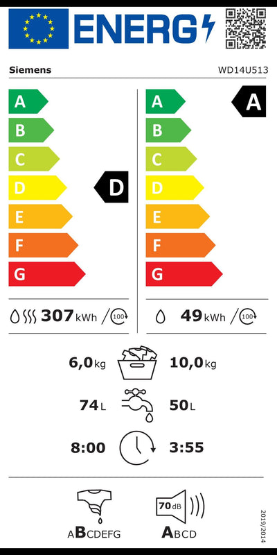 Siemens WD14U513 Waschtrockner iQ700, Frontlader mit 10-6kg Fassungsvermögen, 1400 UpM, HomeConnect, smartFinish, autoDry, speedPack XL, Weiß, 60cm