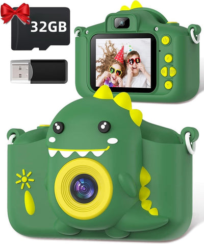 Kinderkamera, Gofunly Kinder Kamera 1080P 2,0-Zoll-Bildschirm Fotoapparat mit 32GB-Karte Selfie Digitalkamera Fotokamera für 3-12 Jahre Jungen und Mädchen Weihnachten Spielzeug - Grün Dinosaurier