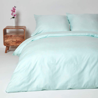 Homescapes 2-teiliges Damast-Bettwäsche-Set Aqua, ägyptische Baumwolle mit Satin-Streifen,1 Bettbezug 155x220 cm & 1 Kissenbezug 80x80 cm