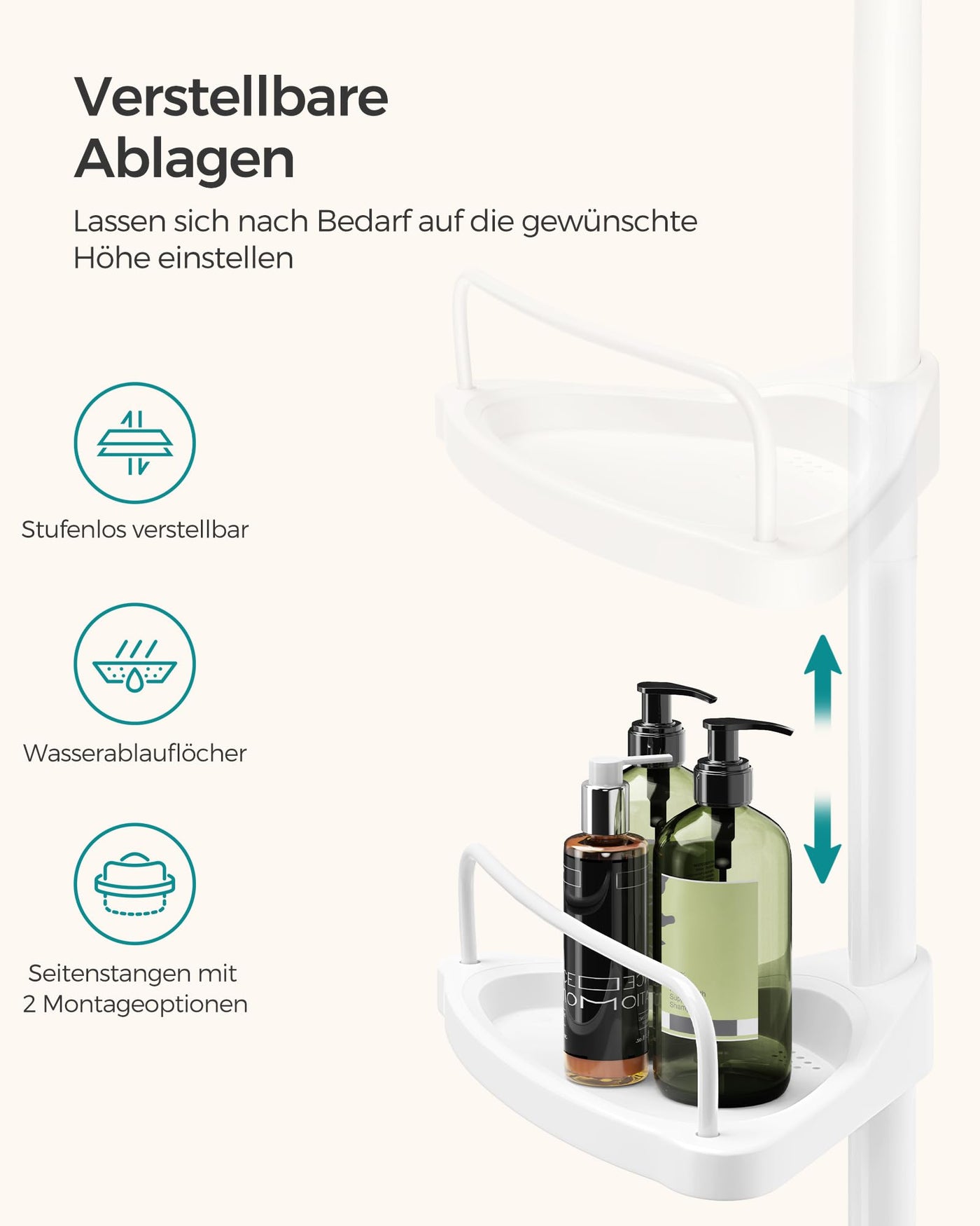 SONGMICS Duschregal, Eckregal Bad, mit 4 Ablagen, Badregal, Gesamthöhe 85-305 cm, höhenverstellbar, Badezimmer-Regal, weiß BCB001A