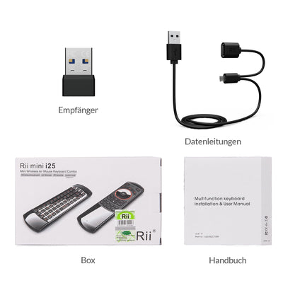 Rii Air Mouse mit 6 Axis Gyroskop, Tastatur Maus Set Kabellos ist Wiederaufladbar, Universalfernbedienung für HTPC/TV Box, PC Fernbedienung mit IR-Lernfunktion, QWERTZ, 2.4GHz, Schwarz