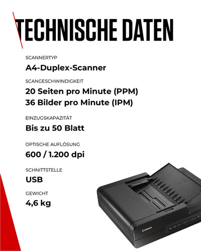 Canon DR-F120 imageFORMULA Flachbett- und Duplex Einzugsscanner (DIN-A4, Farbe, 2.400 DPI, 50 Blatt ADF, 20 Seiten/Min, PDF durchsuchbar, OCR, Software, Twain, schwarz)