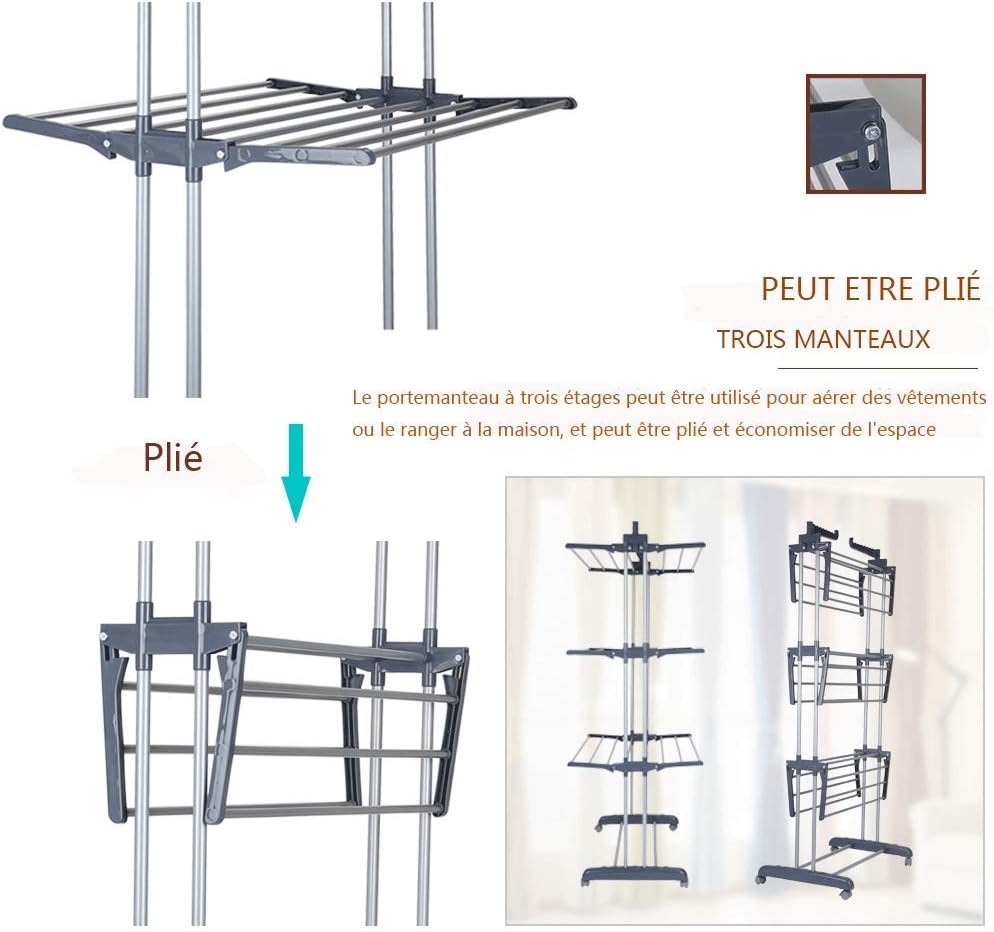 johgee Platzsparend und Praktisch Turmwäscheständer 172CM hoch Wäscheständer - innen mit faltbaren Flügeln， mit 4 Rollen - Davon 2 mit Feststellbremse