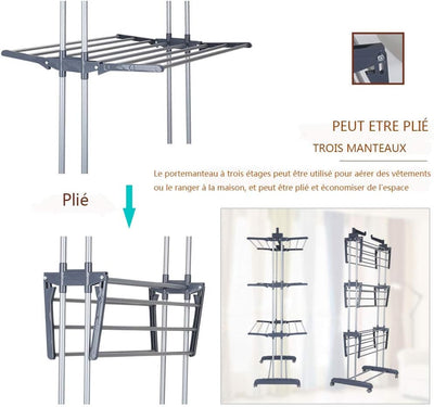 johgee Platzsparend und Praktisch Turmwäscheständer 172CM hoch Wäscheständer - innen mit faltbaren Flügeln， mit 4 Rollen - Davon 2 mit Feststellbremse