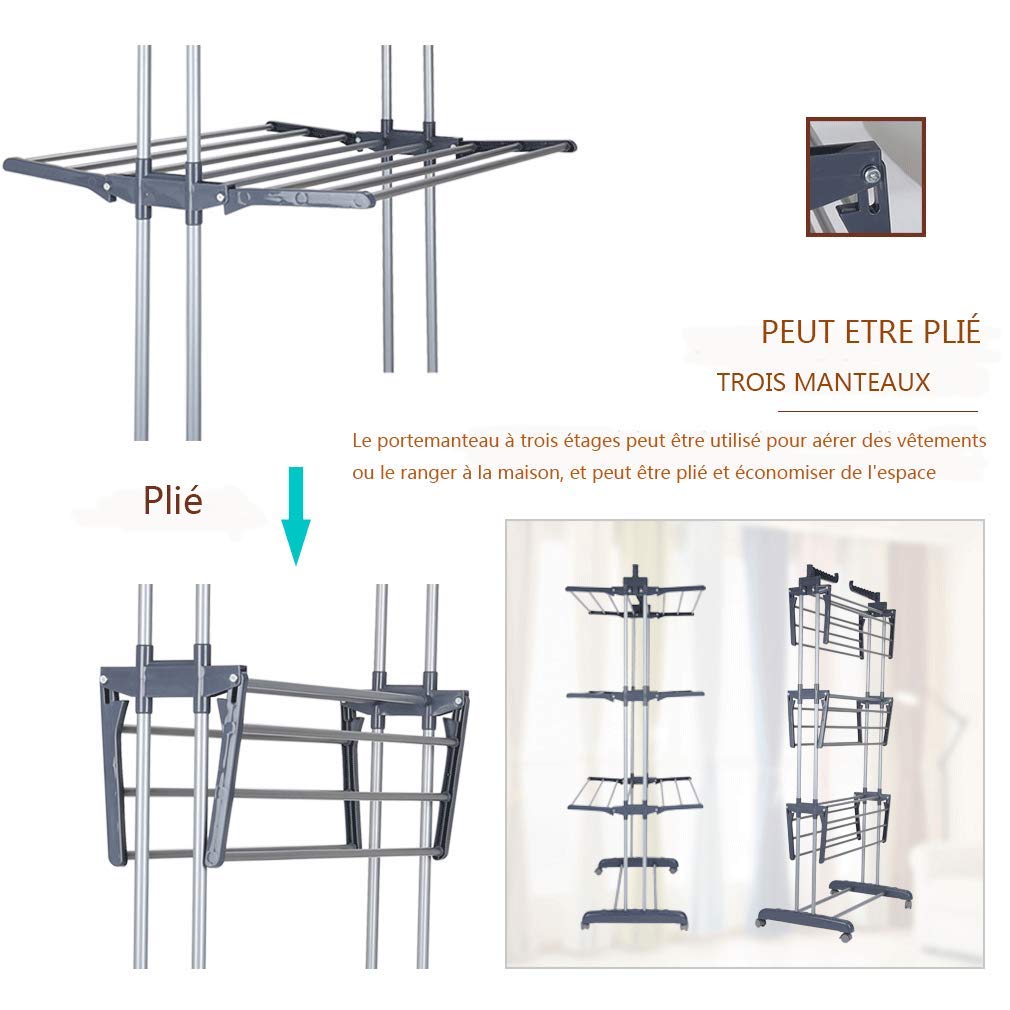 johgee Platzsparend und Praktisch Turmwäscheständer 172CM hoch Wäscheständer - innen mit faltbaren Flügeln， mit 4 Rollen - Davon 2 mit Feststellbremse