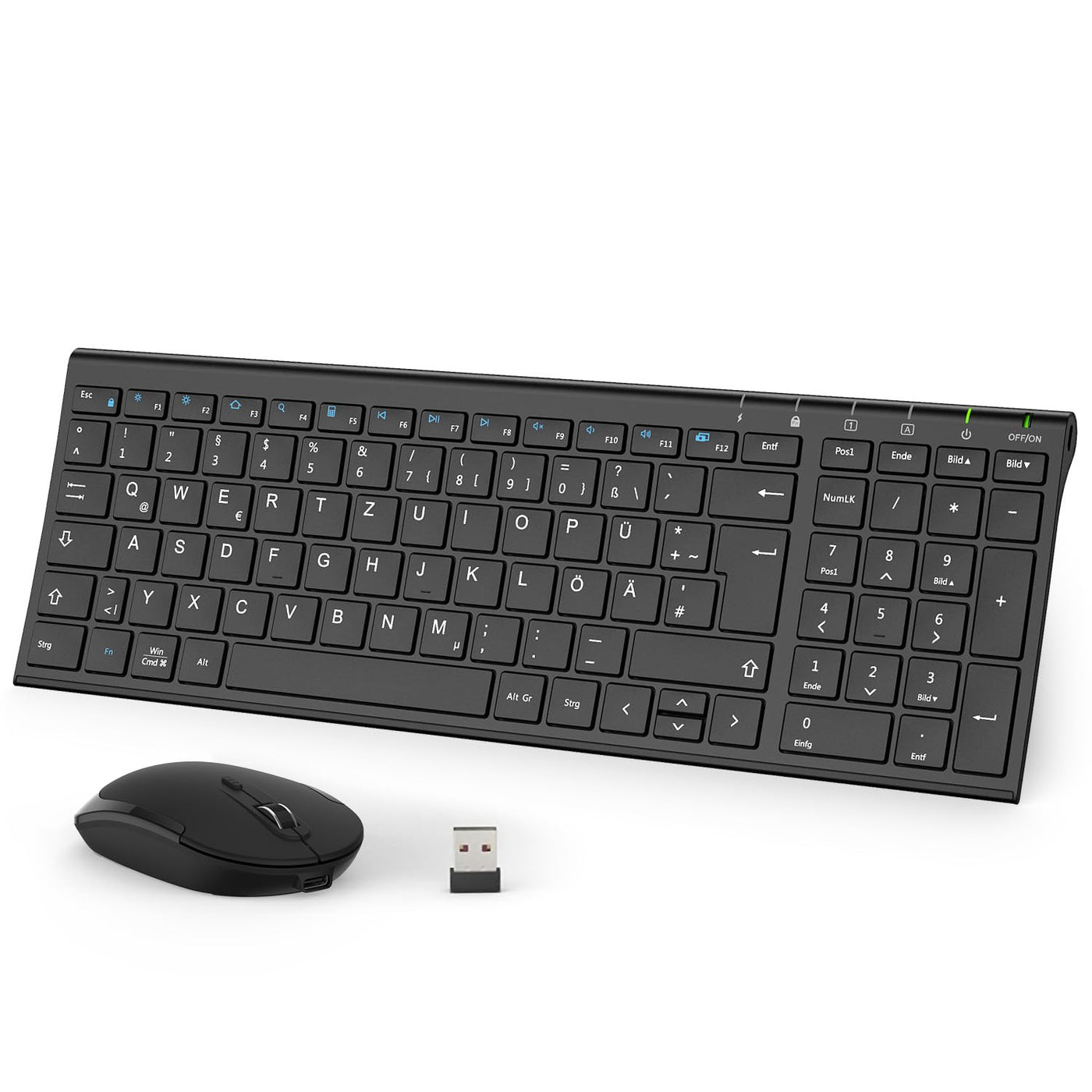 iClever 2.4G Tastatur Maus Set Kabellos, Aluminium Wireless Slim Tastatur QWERTZ Layout (Deutsch), für Computer/Desktop/PC/Laptop/Oberfläsche/Windows 10/8/7/Vista/XP (2.4GHz, USB)