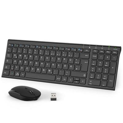 iClever 2.4G Tastatur Maus Set Kabellos, Aluminium Wireless Slim Tastatur QWERTZ Layout (Deutsch), für Computer/Desktop/PC/Laptop/Oberfläsche/Windows 10/8/7/Vista/XP (2.4GHz, USB)