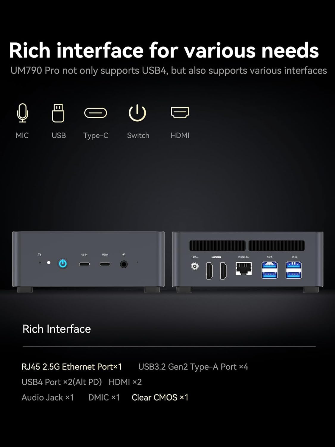 MINIS FORUM UM790 Pro Mini-PC AMD Ryzen 9 9 7940HS nur 5,2 GHz 32 GB DDR5 1TB SSD mit AMD Radeon 780M, 4X USB3.2, 2X USB4, 2X HDMI 2.1, 2X PCIe4.0, Wi-FI 6E /BT5.3, RJ45 2,5 G