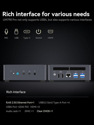 MINIS FORUM UM790 Pro Mini-PC AMD Ryzen 9 9 7940HS nur 5,2 GHz 32 GB DDR5 1TB SSD mit AMD Radeon 780M, 4X USB3.2, 2X USB4, 2X HDMI 2.1, 2X PCIe4.0, Wi-FI 6E /BT5.3, RJ45 2,5 G