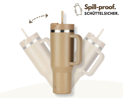 Milu Thermobecher 1200ml mit Strohhalm und Henkel – 48h Eis/24h kalt/12h heiß Edelstahl Tumbler 40oz mit Griff - Isolierbecher to go - Isolierflasche Trinkflasche doppelwandig isoliert (Braun, 1,2L)