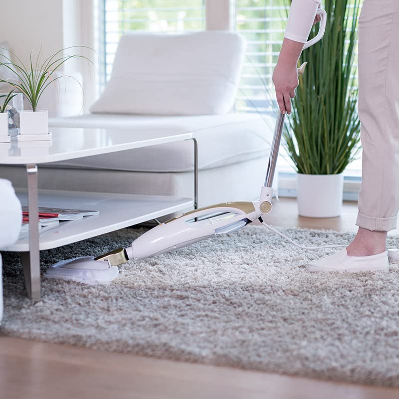LIVINGTON Prime Steam Mop – Dampfbesen mit Knickgelenk für schwer erreichbare Stellen – vielseitiger Dampfreiniger zur Reinigung von Böden, Polstern und mehr - für schonende Bodenreinigung
