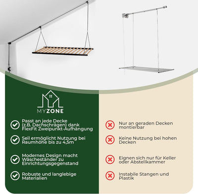 MyZone Wäscheständer Decke platzsparend, ausziehbar, stabil, 115x60cm | Wäschetrockner Deckenmontage, Deckentrockner klappbar, Hochtrockner | Badewanne, Balkon | Bambus Holz, schwarz matt