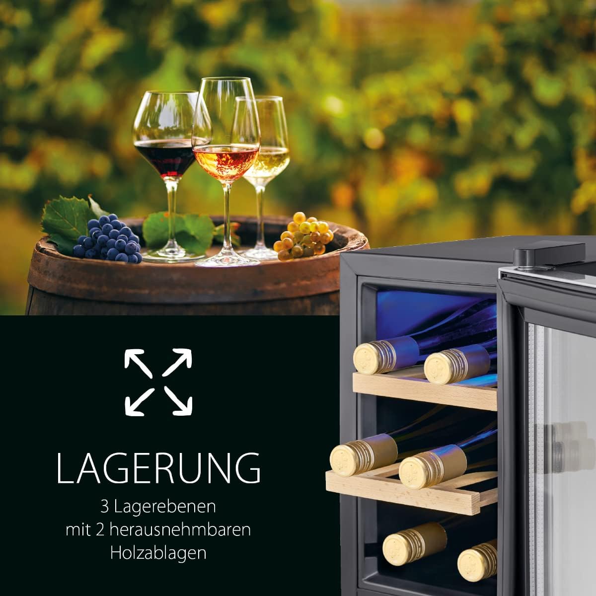 ProfiCook Weinkühlschrank | 6 Flaschen | Getränkekühlschrank | UV-beständige Glastür | Weinkühler | LED-Beleuchtung | 3 Lagerebenen - Davon 2 herausnehmbar | 11-18°C | PC-WK 1231