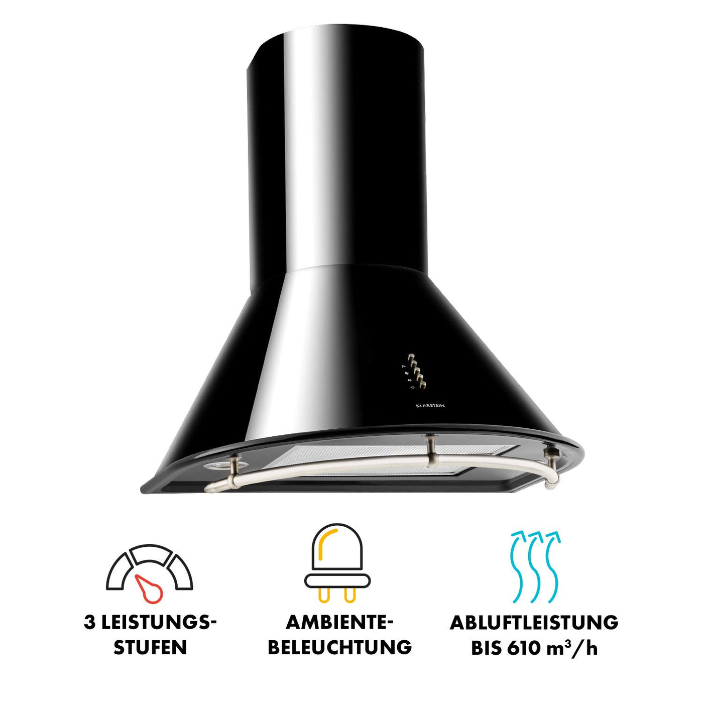 Klarstein Lumio Neo - Retro Dunstabzugshaube, Wandabzugshaube, Abzugshaube, Energieeffizienzklasse B, Breite: 60 cm, Abluft/Umluft, Abluftleistung: 610 m³/h, Edelstahl-Gehäuse, schwarz