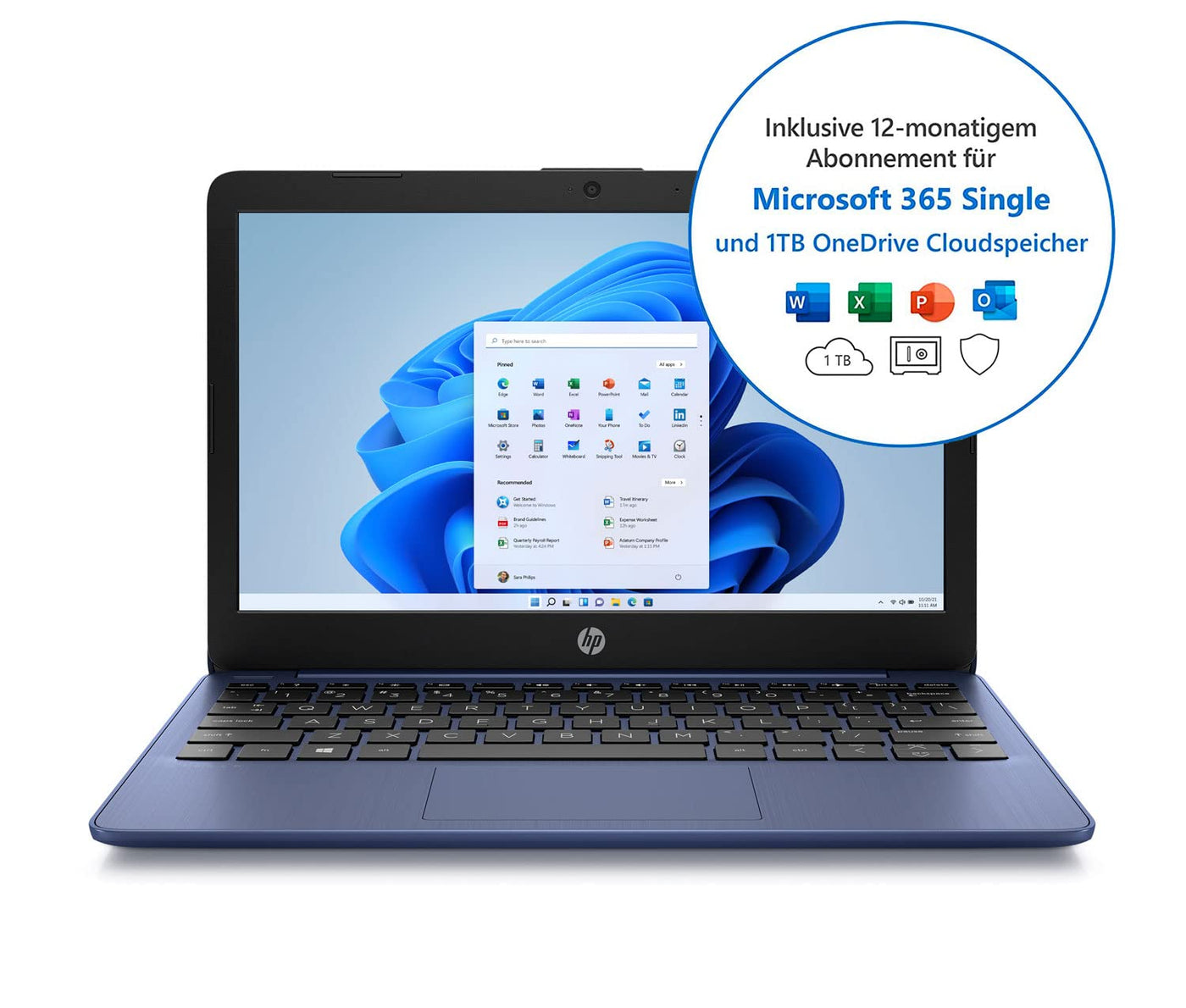 HP Stream Laptop 11,6 Zoll HD Display, Intel Celeron N4120, 4GB DDR4 RAM, 64GB eMMC, Intel Grafik, Windows 11 S-Mode, QWERTZ Tastatur, Blau, inkl. Microsoft Office 365 Single