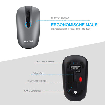 LeadsaiL Tastatur Maus Set Kabellos, 2,4 GHz USB-Empfänger Ultradünne Leise, Deutsch QWERTZ-Layout, 12 FN-Tasten Für Windows XP/7/8/10, PC, Laptop, Computer, Desktop - Grau