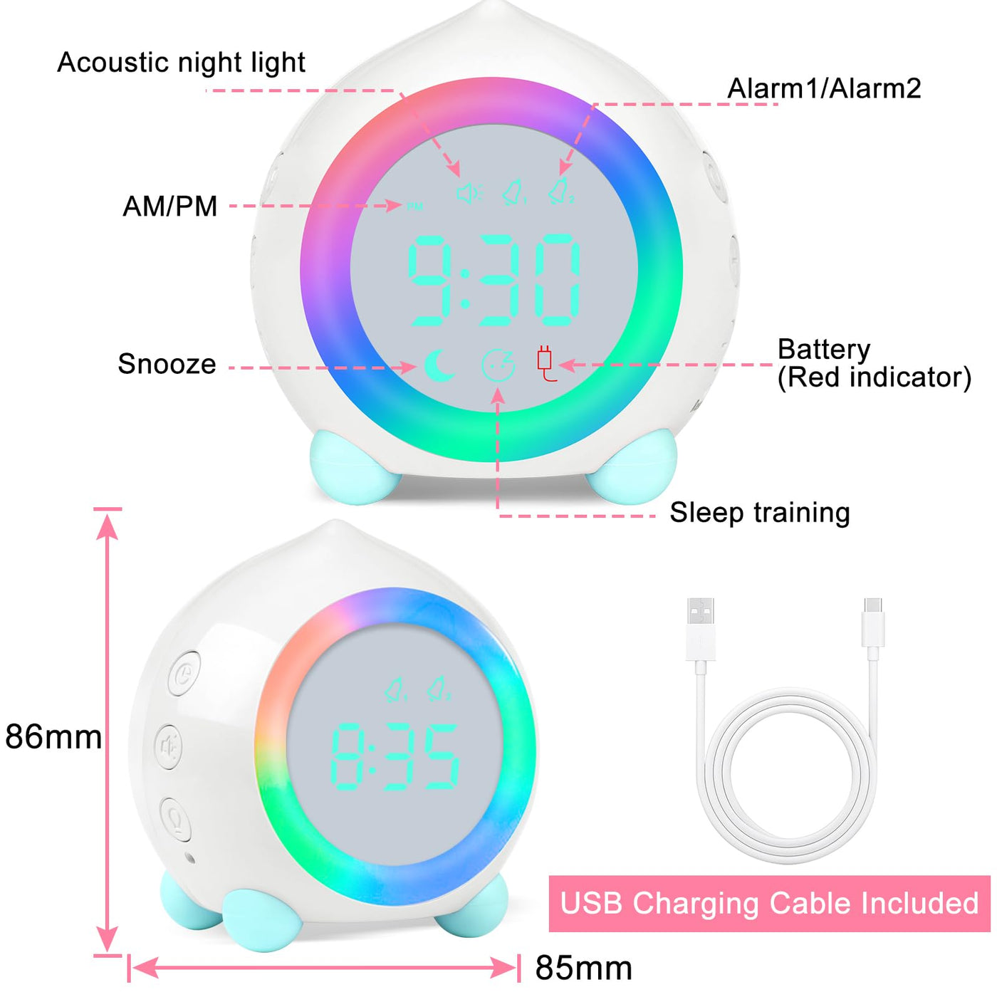 Ayybboo Kinderwecker Digitaler,Wecker Digital Sonnenaufgangssimulator Kinderwecker für Mädchen Jungen mit Bunte Lichter Leiser Wecker Ohne Ticken Schlafzimmer (Weiß)