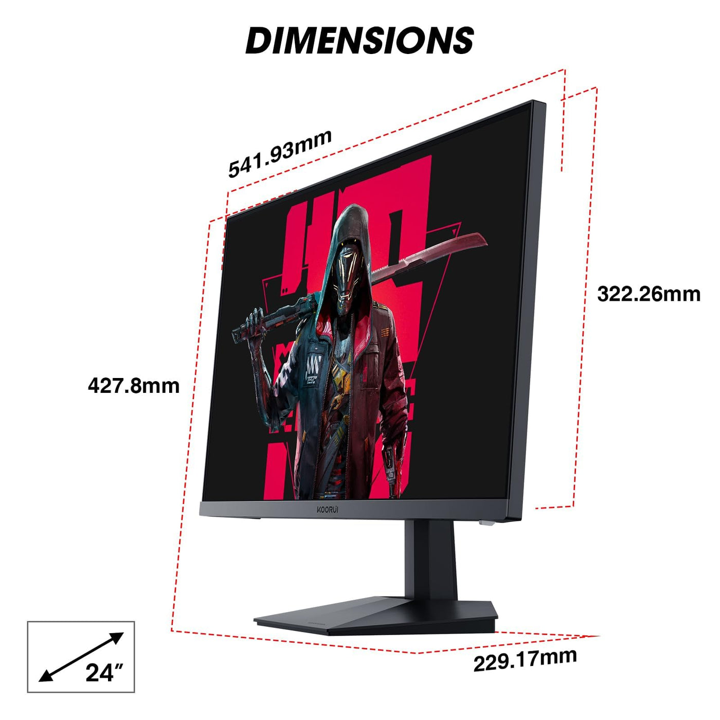 KOORUI 24 Zoll Gaming Monito 165Hz, IPS, 1080p, 1ms, kompatibel FreeSync G-sync, Rahmenlos, HDMI, DisplayPort, Neigungsverstellbar, Augenpflege, VESA-Wandmontage, schwarz