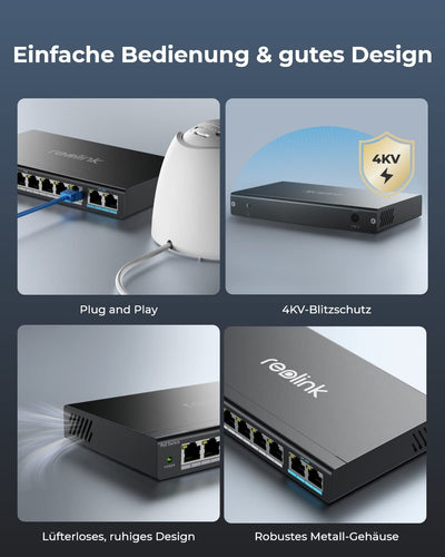Reolink 8 Ports PoE-Switch, mit 2 Gigabit-Uplink-Ports, bis zu 120W Gesamtleistung für alle PoE-Ports, Netzwerk Switch ideal für Reolink NVR und PoE-IP-Kameras, IEEE802.3af/at, Unmanaged, RLA-PS1
