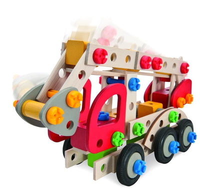 Eichhorn 100039085 - Constructor Feuerwehrauto, 155 TLG., Holz-Konstruktions-Set, 3 Verschiedene Modelvarianten baubar, FSC 100% Zertifiziertes Buchenholz, Made in Germany