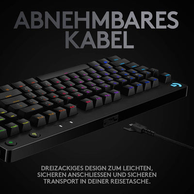 Logitech G PRO Mechanische Gaming-Tastatur – Portable Tenkeyless Design, abnehmbares Micro-USB-Kabel, GX Blue Clicky Switches, LIGHTSYNC RGB Backlit Keys, QWERTZ Deutsch, PC,Mac - Schwarz