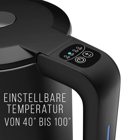 Balter Edelstahl Wasserkocher mit Temperatureinstellung, 40°C-100°C, Doppelwand, BPA frei, 1,7L, Schwarz, WK-04-Touch