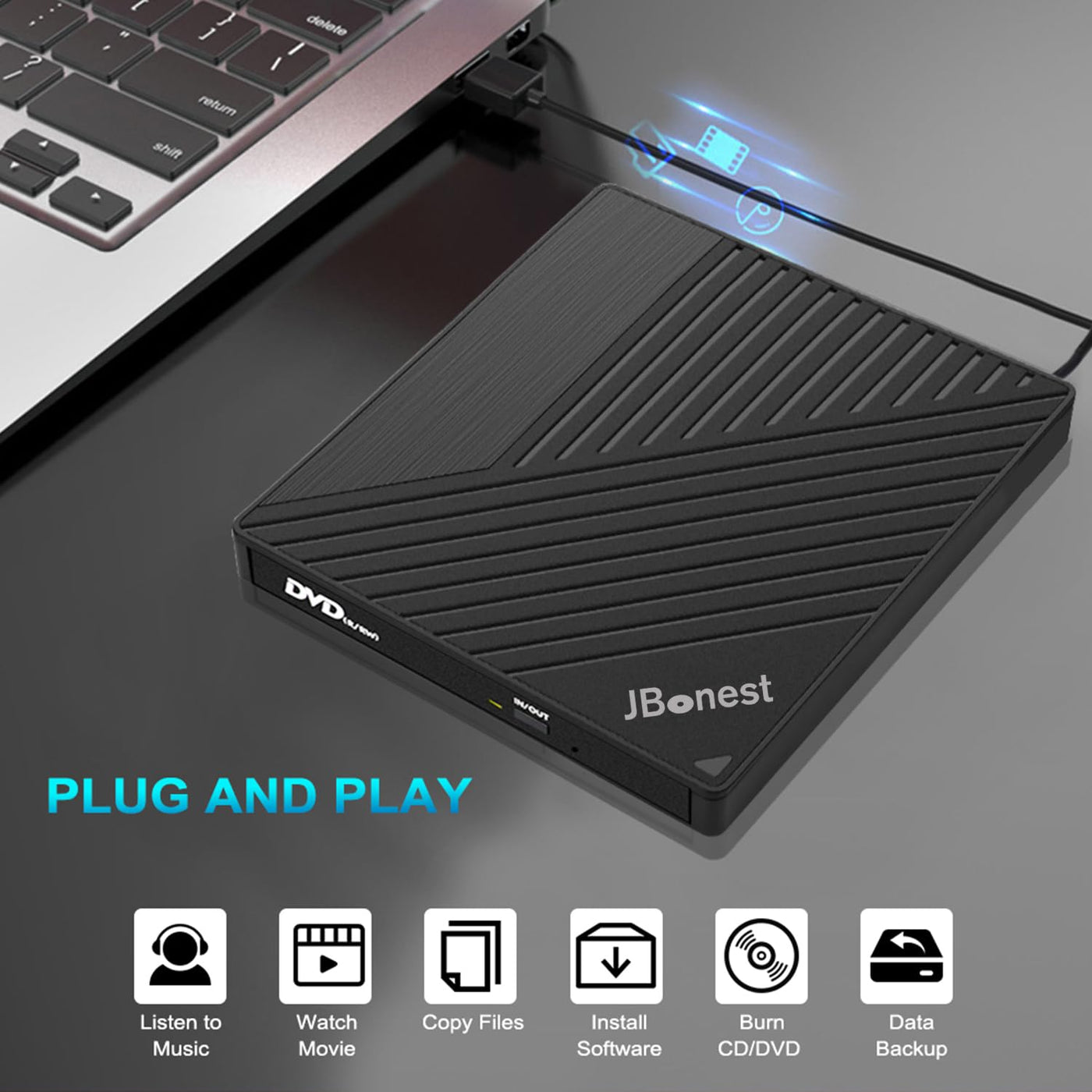 JBonest Externes CD DVD Laufwerk USB 3.0 Typ-C, Extern mit SD/TF-Kartenleser Portable DVD RW Brenner,Schnelle Datenübertragung für Laptop,Desktop,MacBook,Win11/10/8/7/XP, Linux,Mac OS,Vista