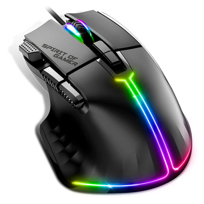 SPIRIT OF GAMER | Gaming Maus PC mit 12800 DPI | RGB Maus mit 8 Programmierbaren Tasten darunter 1 Rapid Fire | 13 Hintergrundbeleuchtungseffekte | Ergonomische Gaming Mouse mit Daumenauflage