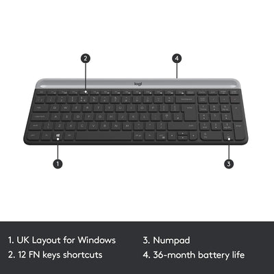 Logitech MK470 Slim Combo Kabelloses Tastatur-Maus-Set, 2.4 GHz Verbindung via Nano-USB-Empfänger, 10m Reichweite, 18-Monate Batterielaufzeit, PC/Laptop, Skand. QWERTY-Layout - Graphit