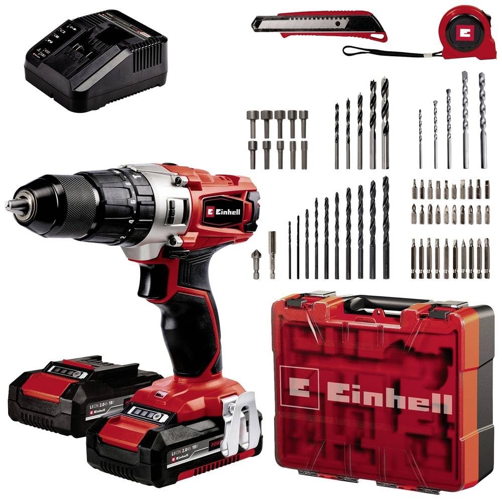 Einhell Akku-Schlagbohrschrauber TE-CD 18/2 Li-i +64 (2x2,0Ah) Power X-Change (Li-Ion, 18 V, 44 Nm, 2-Gang-Getriebe, inkl. 2x 2,0 Ah Akkus, Ladegerät, Koffer, 64-tlg. Zubehör-Set)