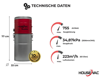 HouseVac Zentralstaubsauger HV-755ST-35H + Premium Reinigungszubehör-Kit 7.5m zur Reinigung Ihres Hauses|Saugkraft 755 AirWatts|Ametek Motor-1700W 2 Turbinen Soft Start/Stop| Hybridzyklonfiltration